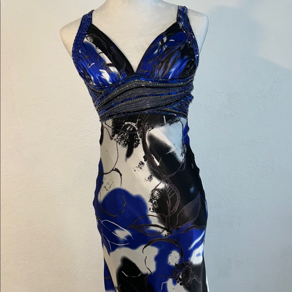 Cache Blue Ruched Backless Gown with Plunge Neckline